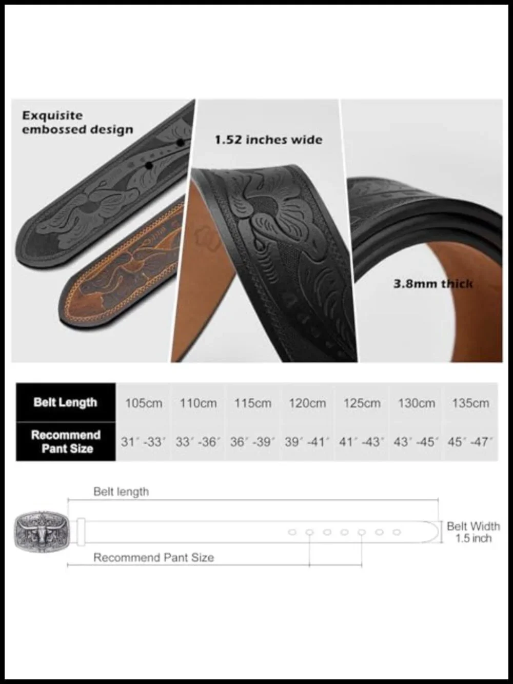 Men's Western Cowboy Belt with Engraved Buckle